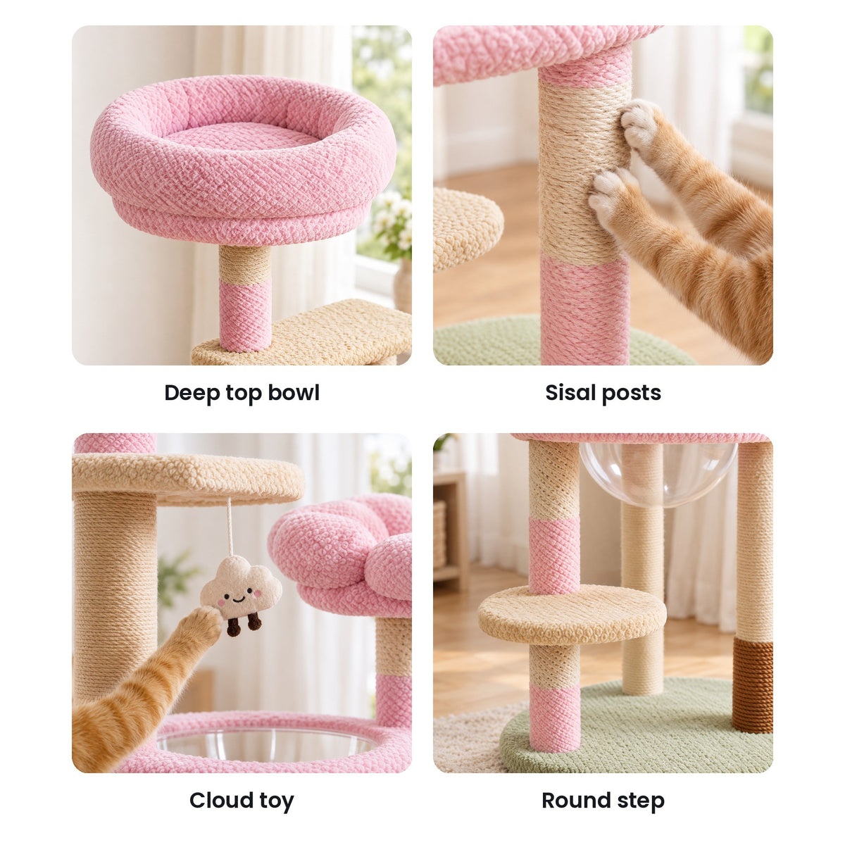 Pink flower cat tree details: top bowl, sisal post, cloud toy, round step