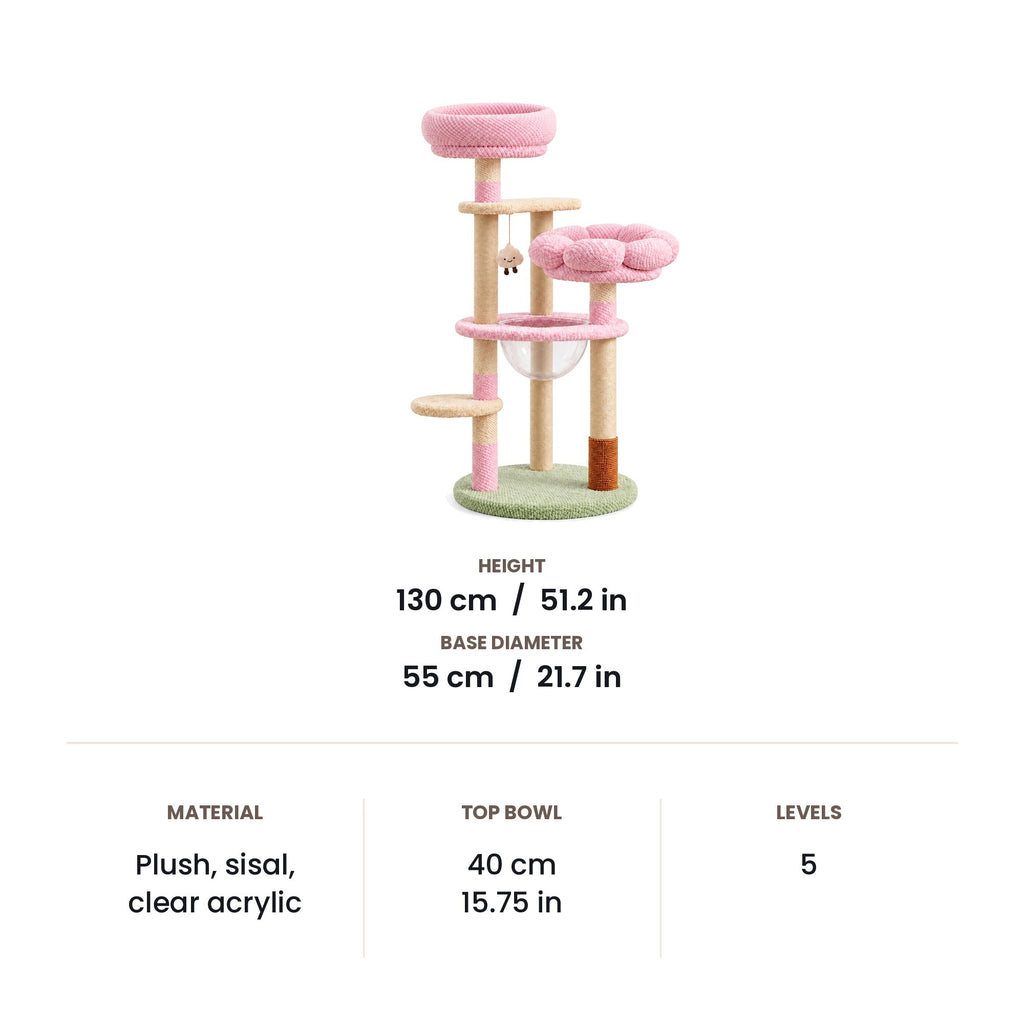 Pink flower cat tree dimensions: 130 cm (51.2 in) tall, 55 cm (21.7 in) round base