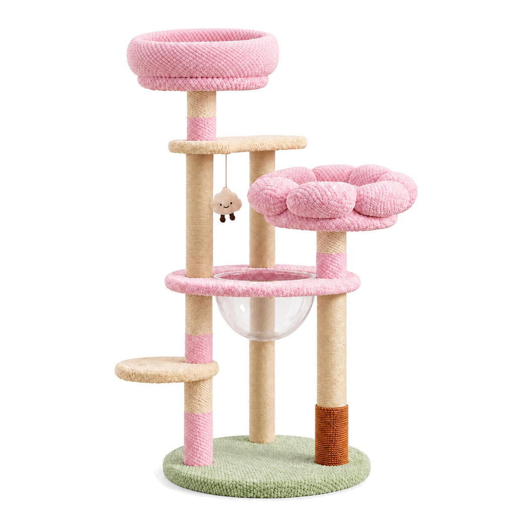 Pink flower cat tree with clear bowl on a white background
