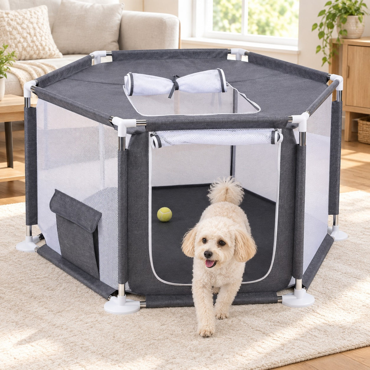 Dog walking out of the open zippered door of a gray hexagonal mesh dog playpen