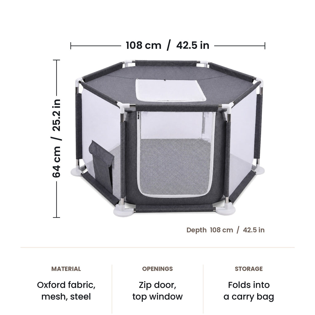 Mesh dog playpen dimensions: 108 x 108 x 64 cm (42.5 x 42.5 x 25.2 in)