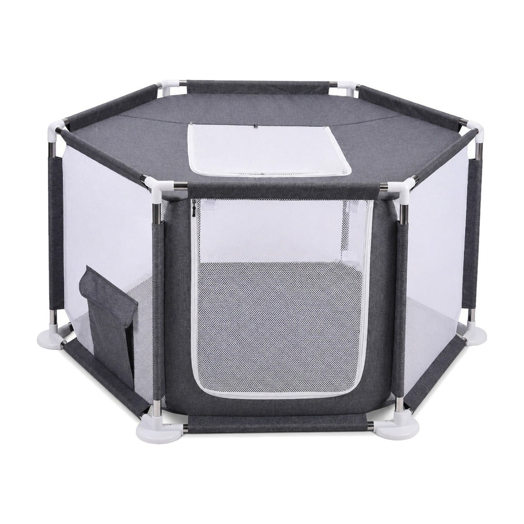 Gray hexagonal mesh dog playpen on a white background
