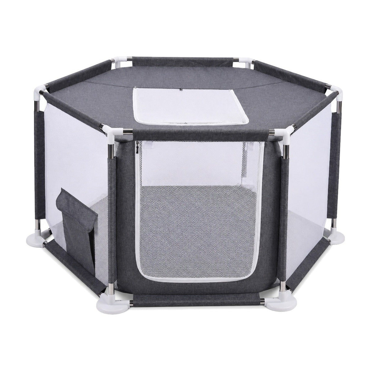 Gray hexagonal mesh dog playpen on a white background