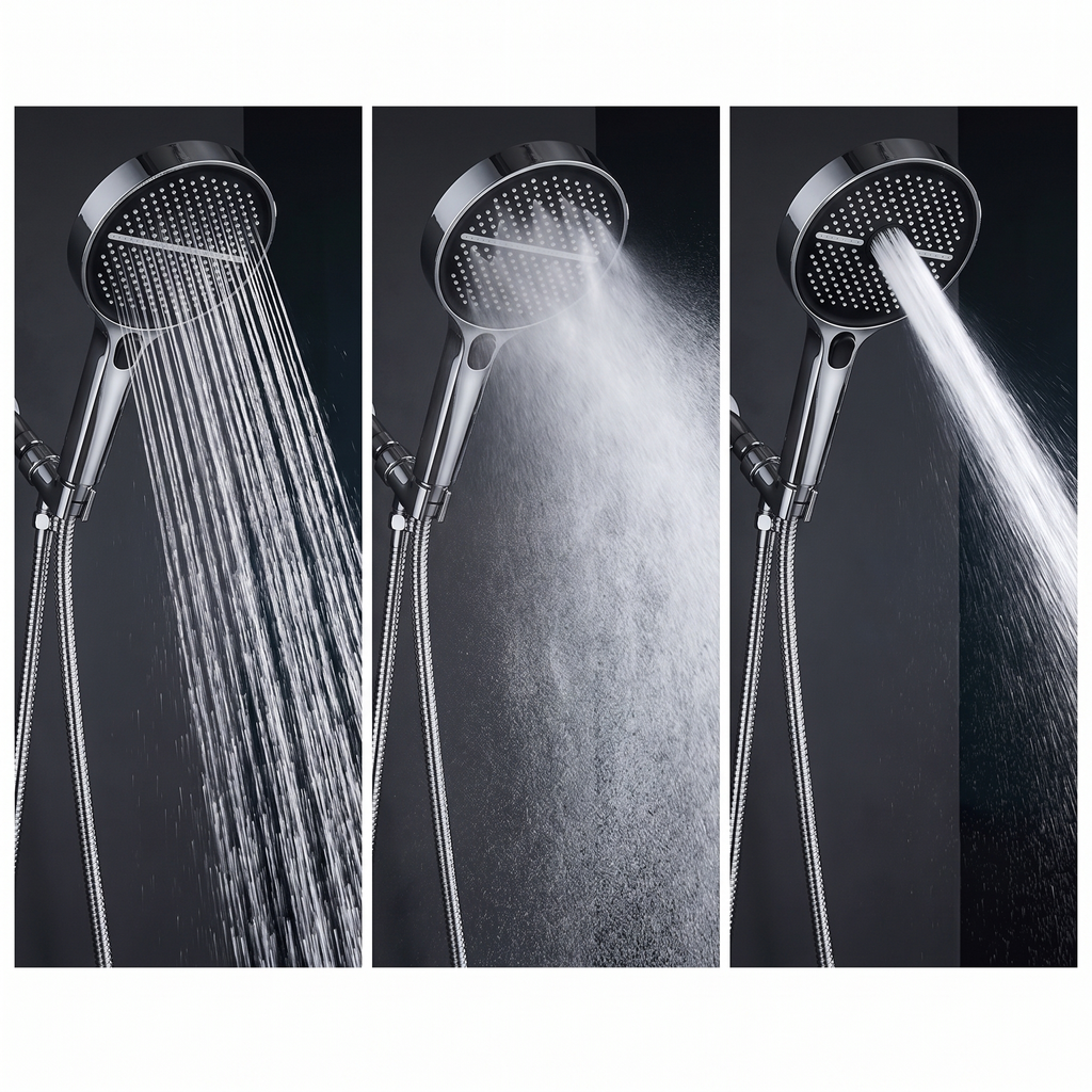 The three spray patterns side by side: full rainfall, wide mist and concentrated jet
