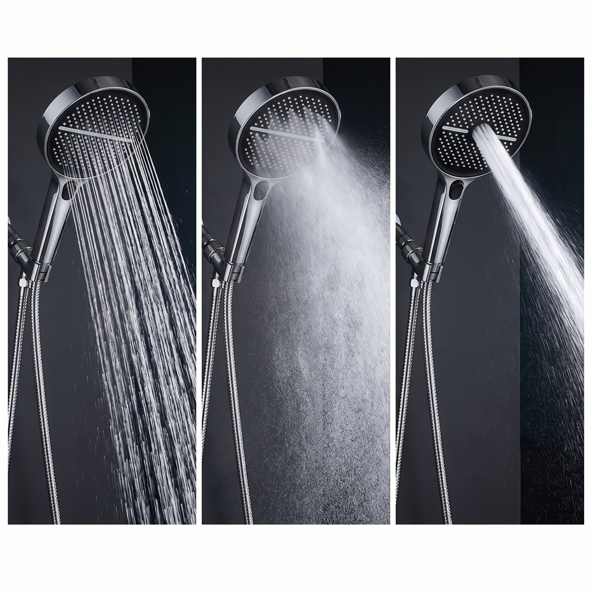 The three spray patterns side by side: full rainfall, wide mist and concentrated jet