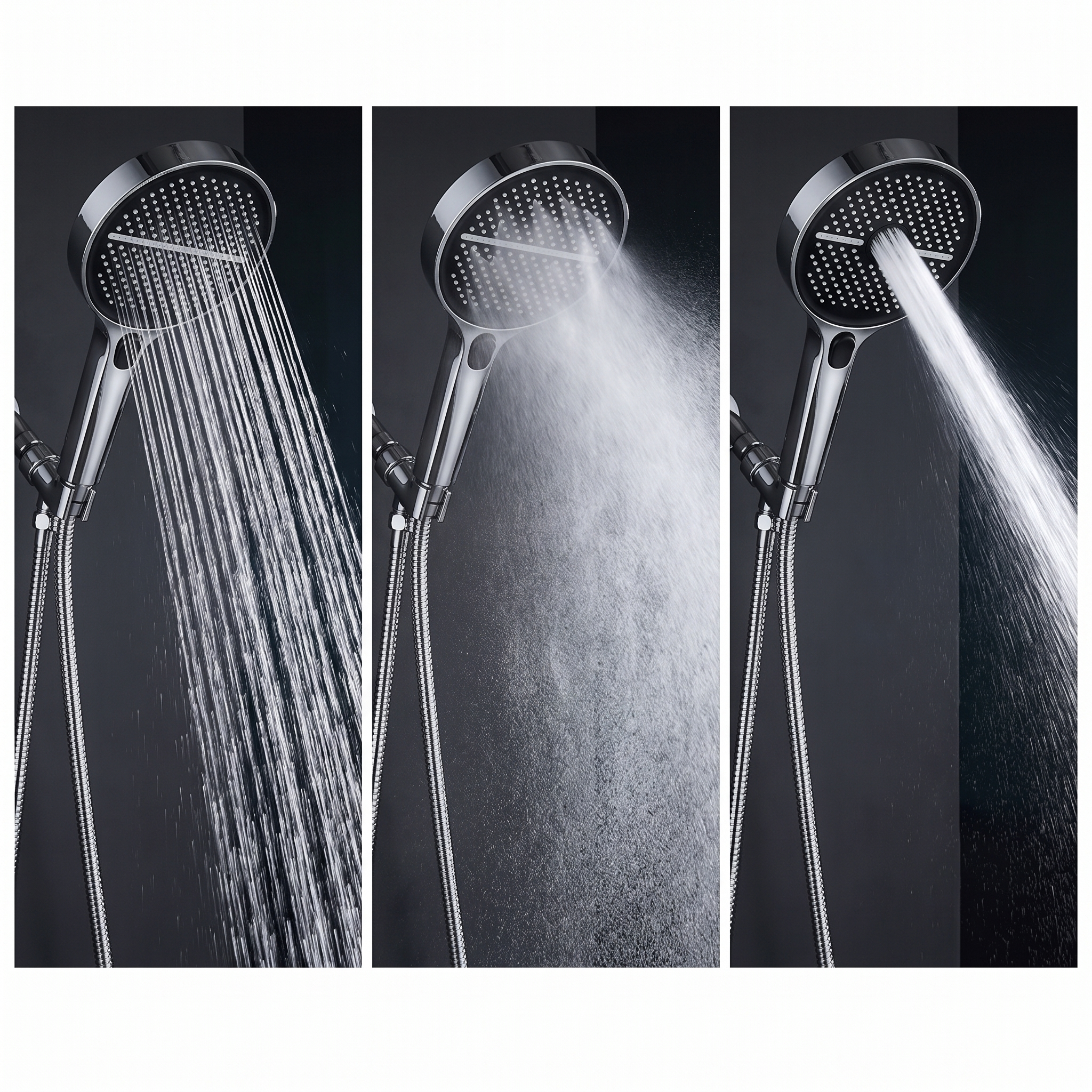 The three spray patterns side by side: full rainfall, wide mist and concentrated jet