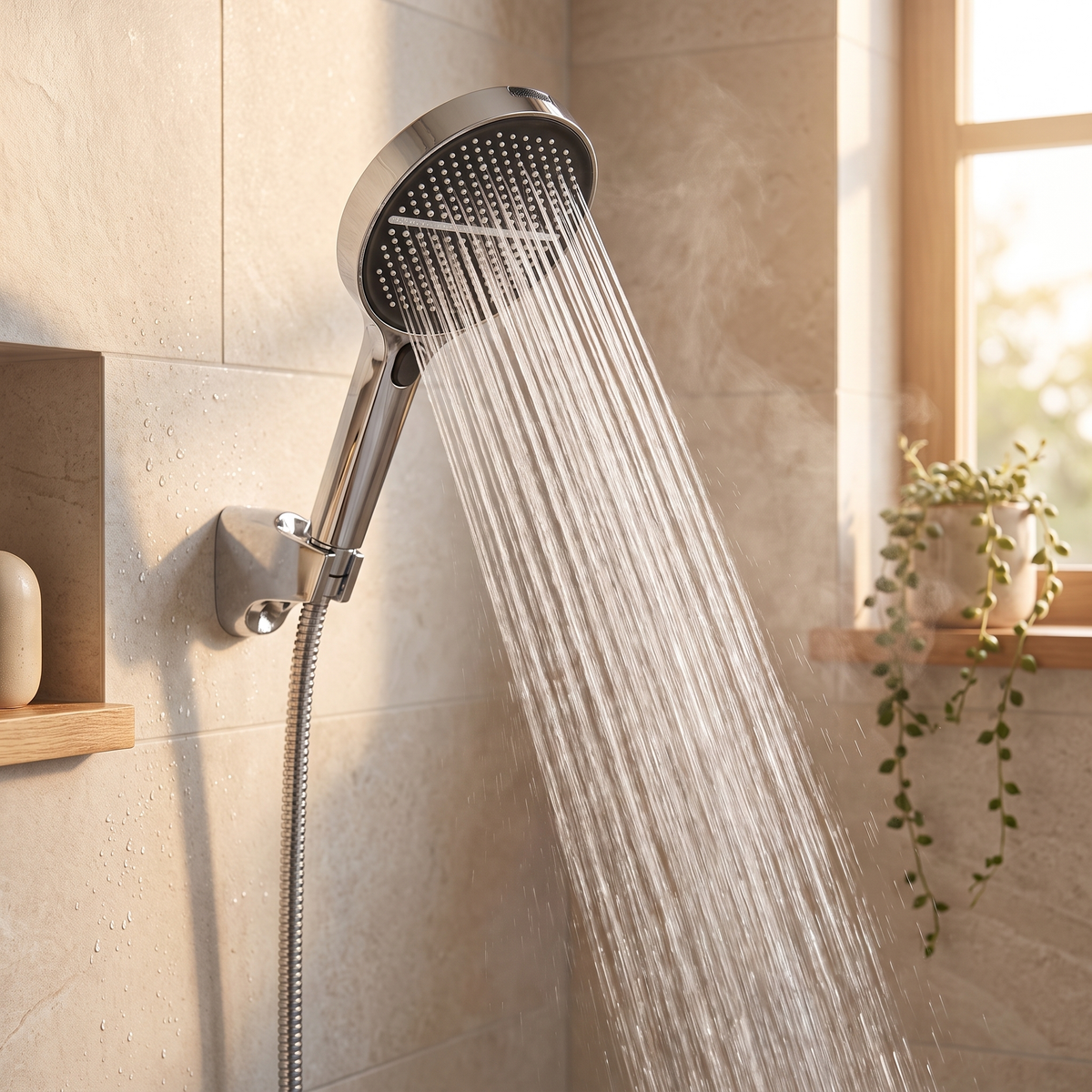 Chrome shower head running a dense curtain of water in a bright modern bathroom