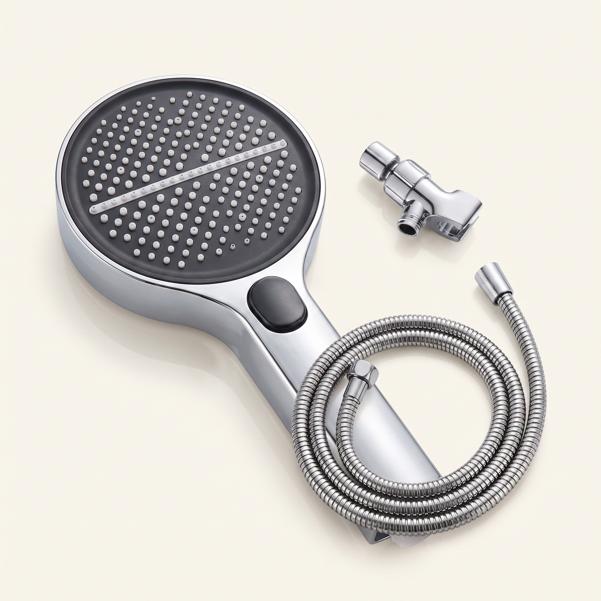 High-pressure chrome shower head with its stainless steel hose and connector