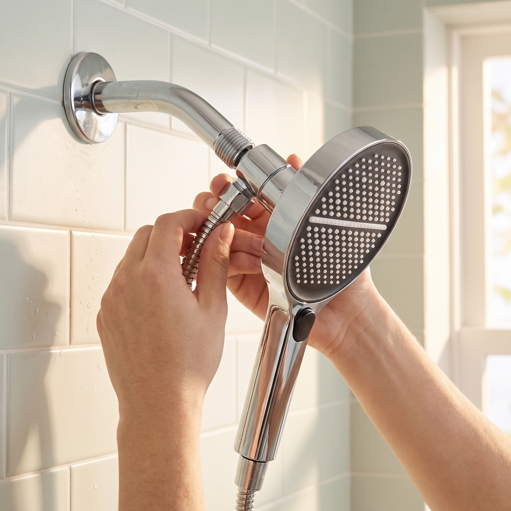Hands attaching the shower head to a standard shower arm by hand, no tools needed