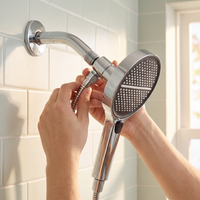 Hands attaching the shower head to a standard shower arm by hand, no tools needed