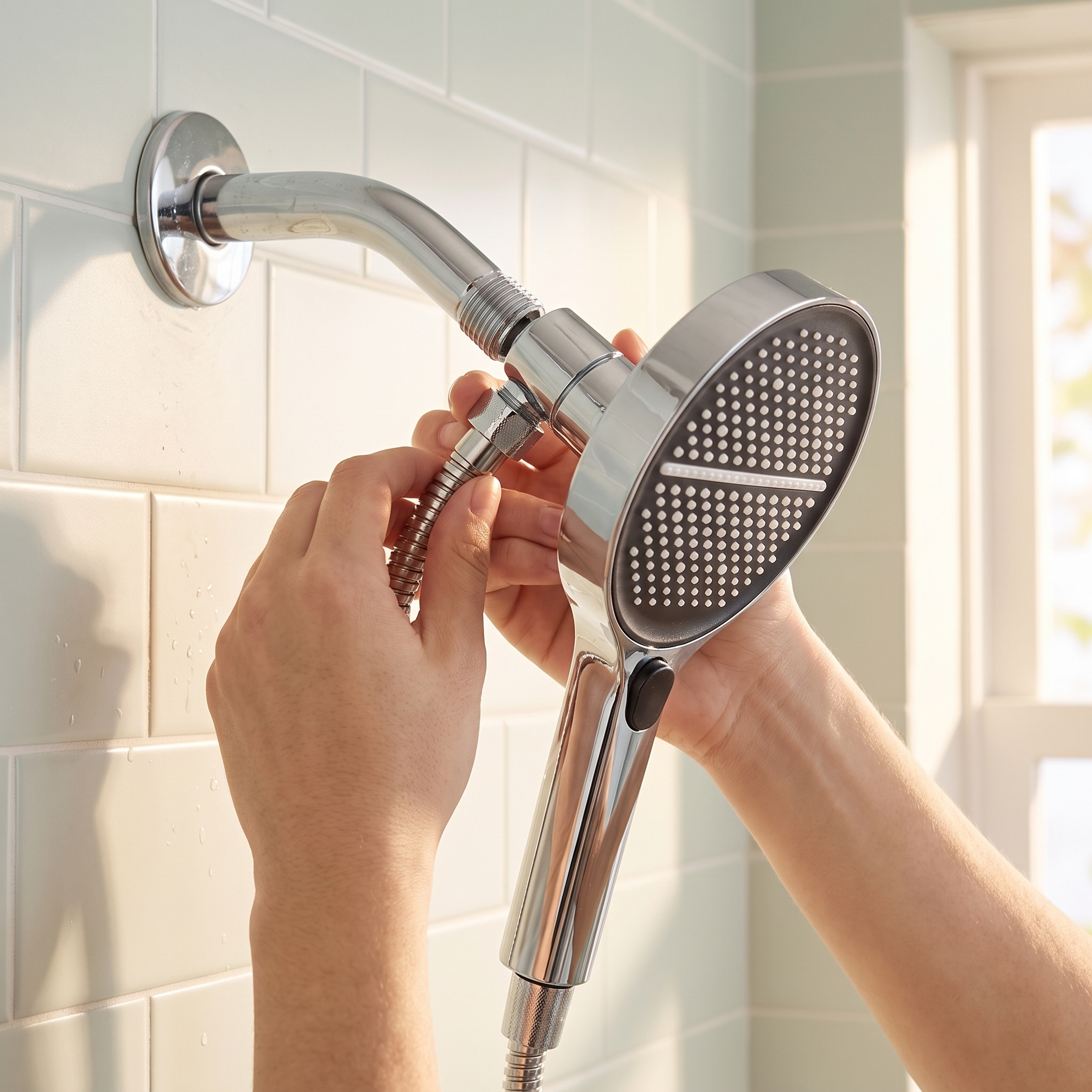 Hands attaching the shower head to a standard shower arm by hand, no tools needed