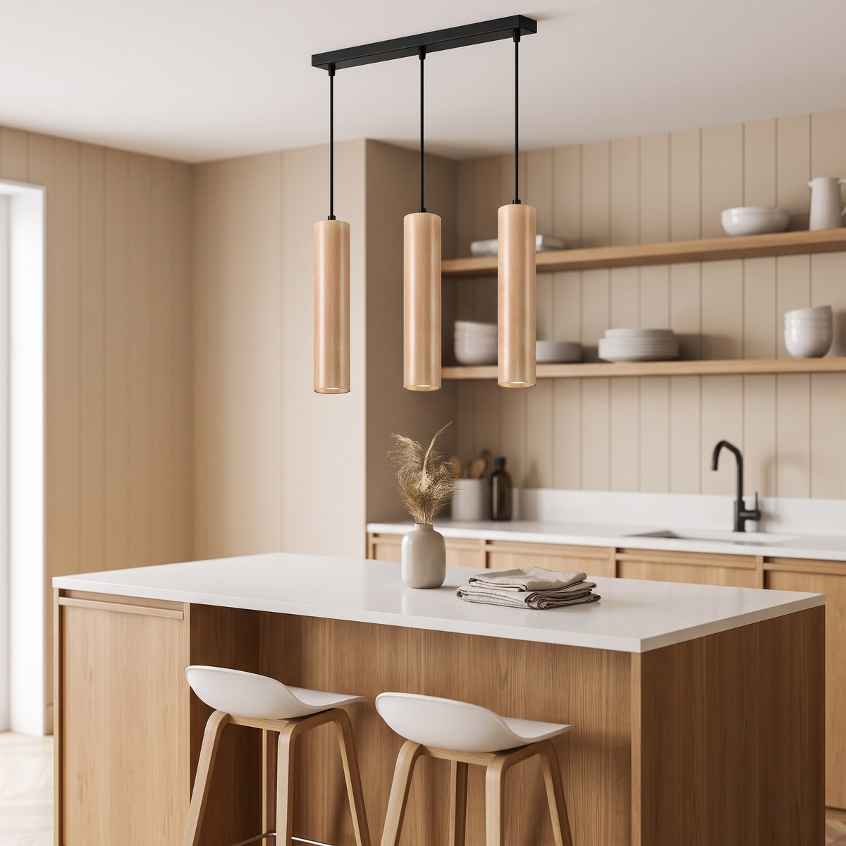 Suspension 3 tubes en bois naturel sur barre