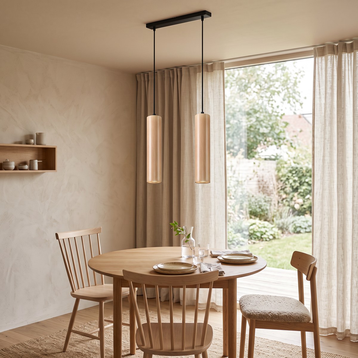 Suspension 2 tubes en bois naturel sur barre