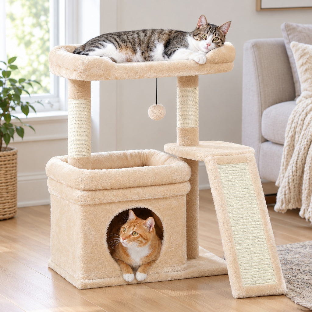 Cat lying on the top perch of a small beige cat tree, another cat looking out of the condo