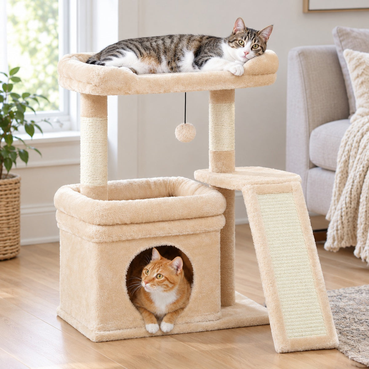 Cat lying on the top perch of a small beige cat tree, another cat looking out of the condo