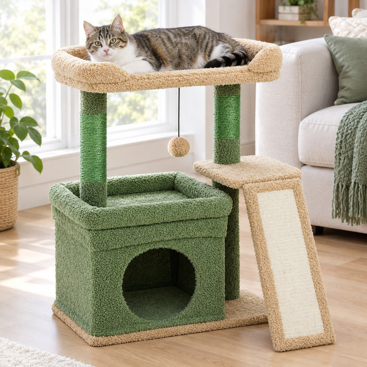 Small 27 in cat tree in Green with tan top perch and sisal ramp