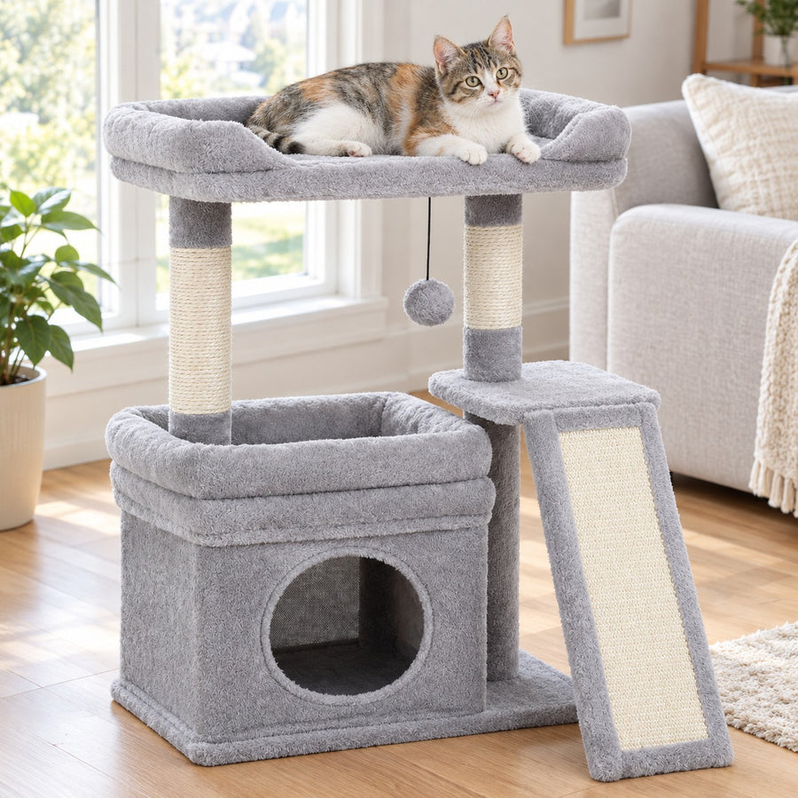 Small 27 in cat tree in Grey with condo, top perch and sisal ramp