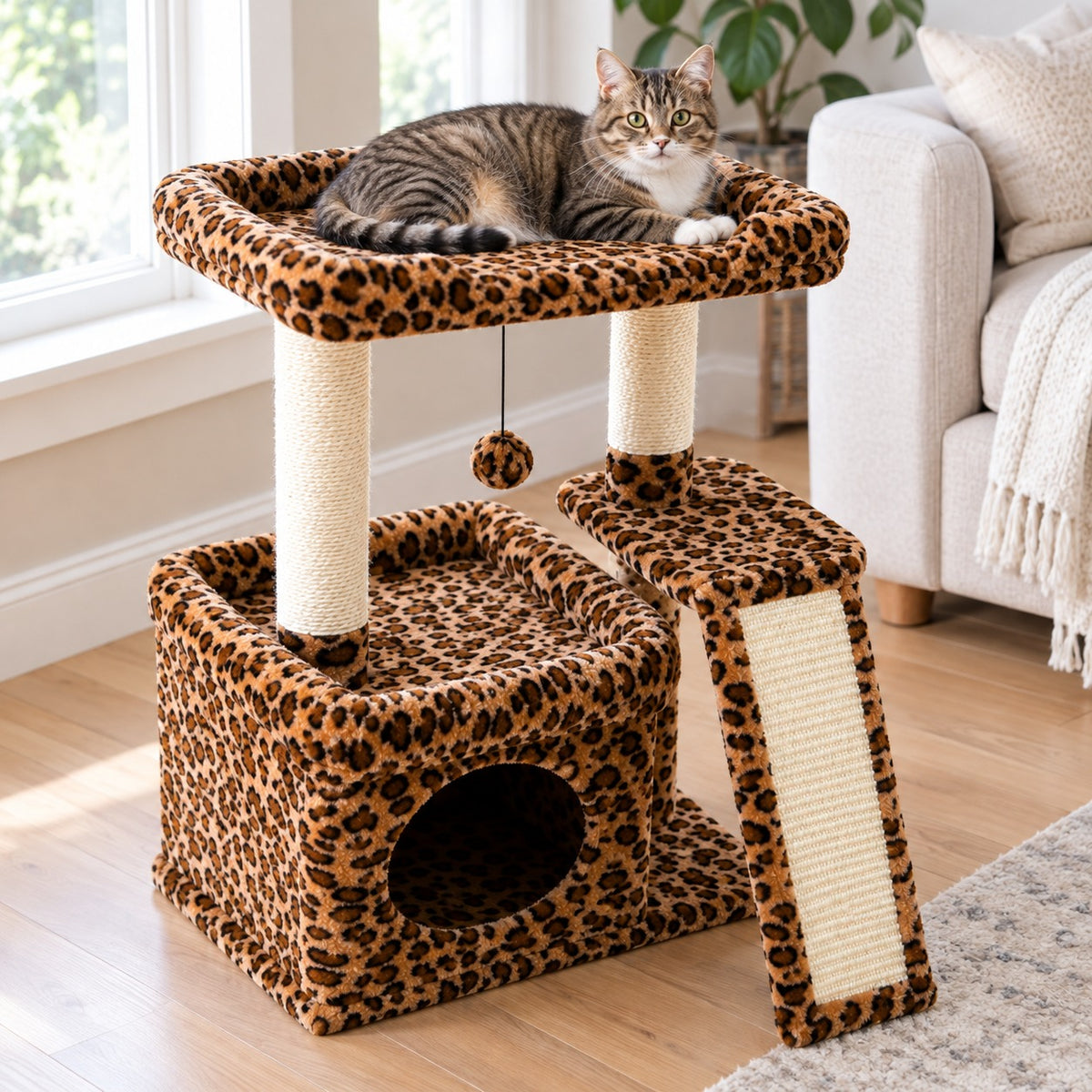 Small 27 in cat tree in Leopard print with condo, top perch and sisal ramp