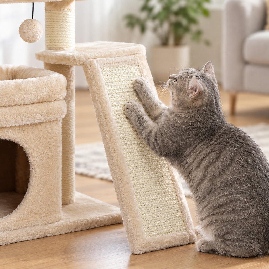 Cat scratching the sisal ramp of the small cat tree