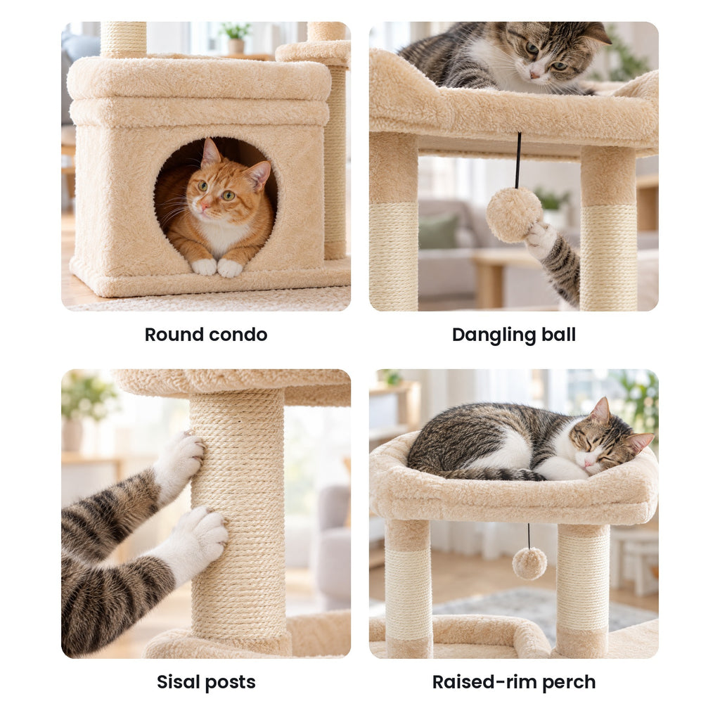 Small cat tree details: round condo opening, dangling ball, sisal posts, raised-rim top perch