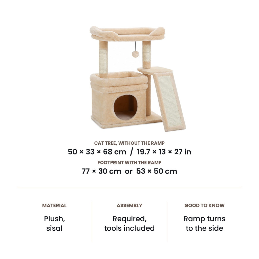 Small cat tree dimensions: 50 x 33 x 68 cm (19.7 x 13 x 27 in) without the ramp