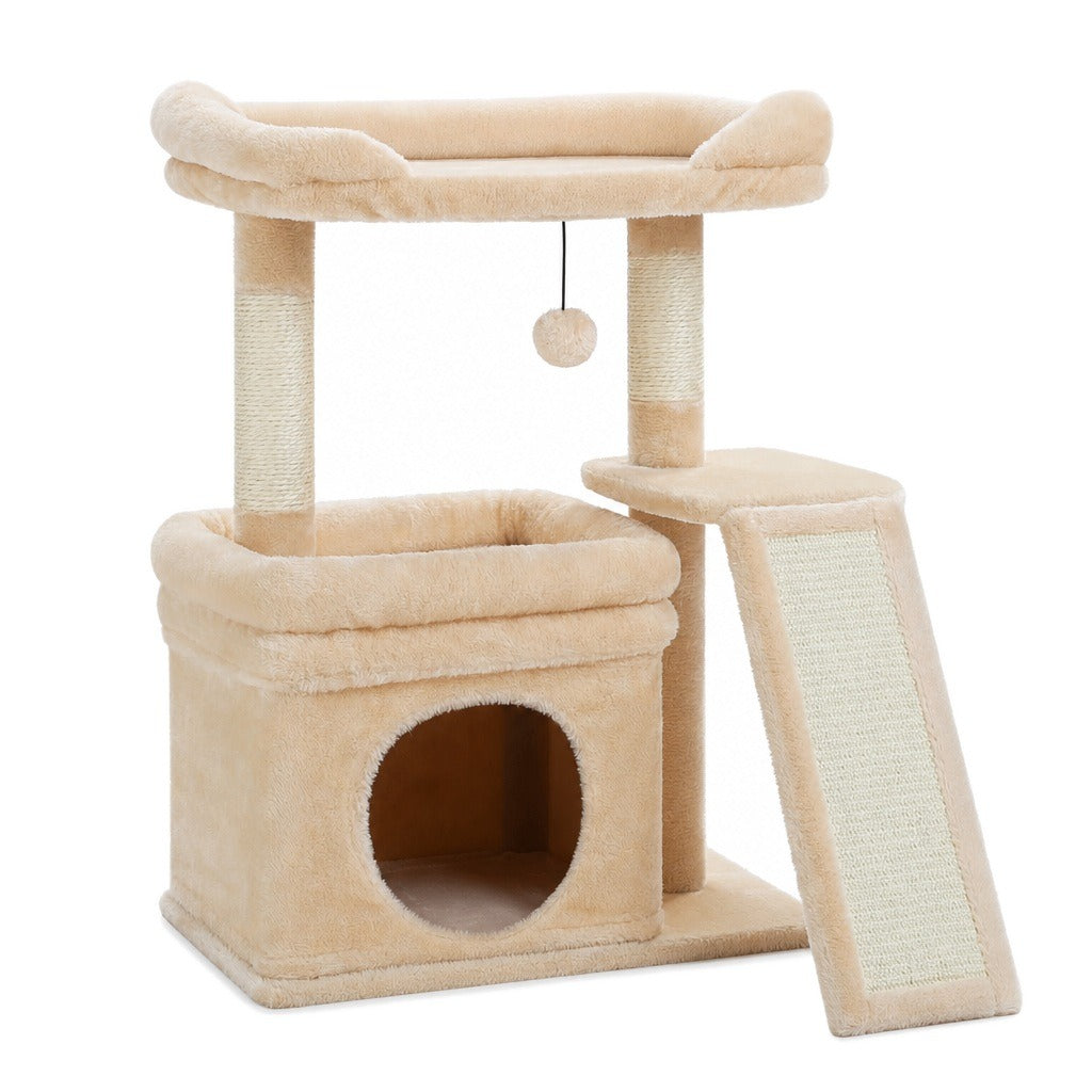 Small beige cat tree with condo, top perch and sisal ramp on a white background