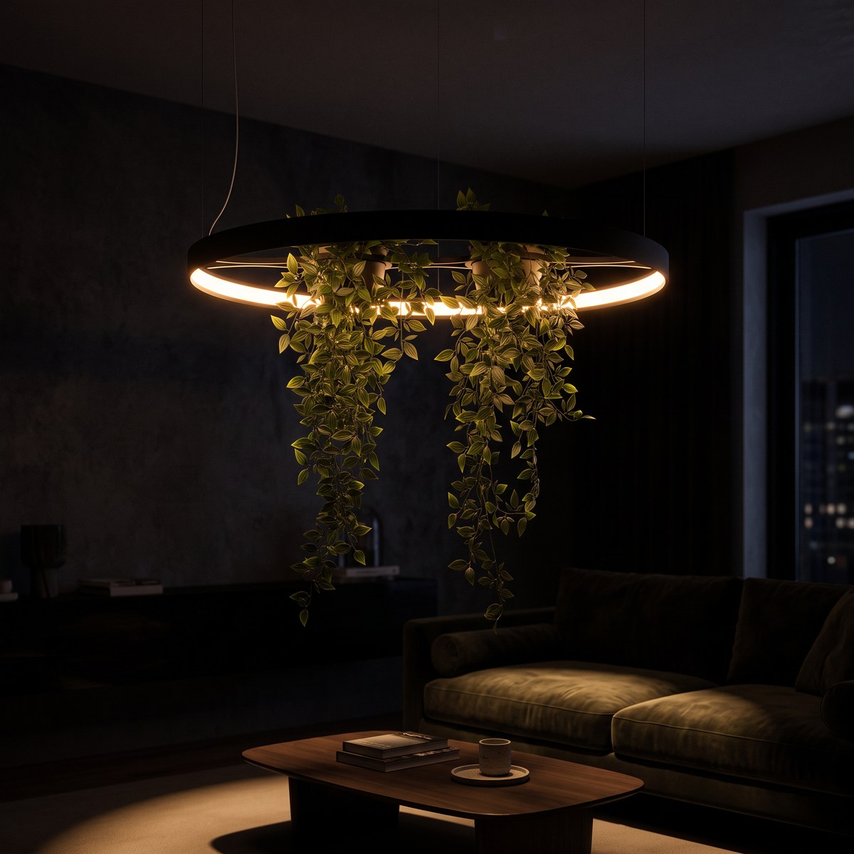 Suspension anneau LED noire avec jardinière intégrée