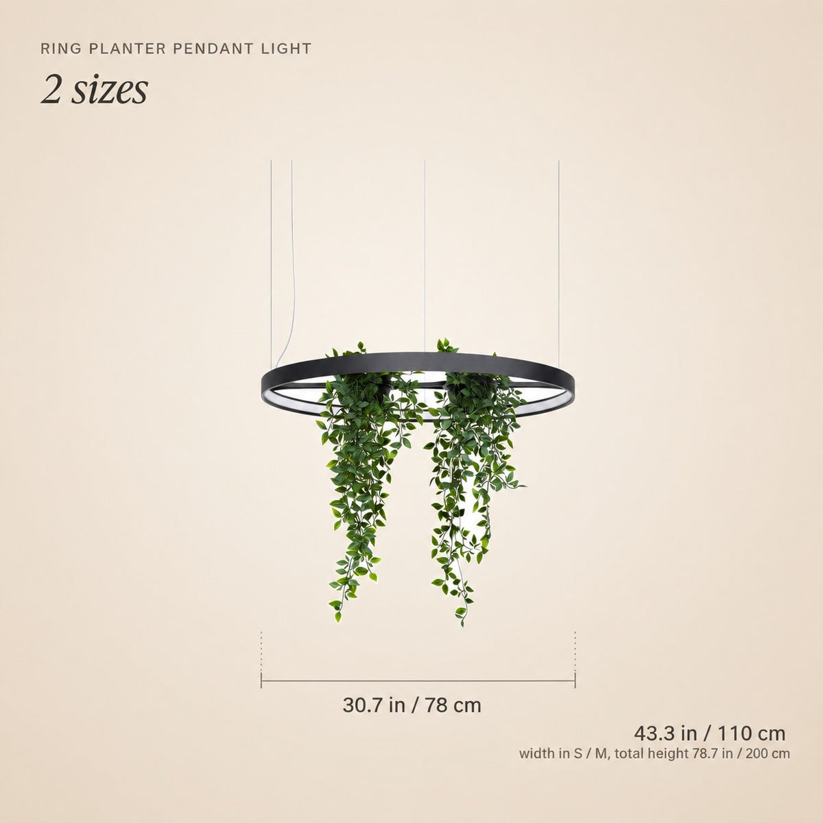 Suspension anneau LED noire avec jardinière intégrée