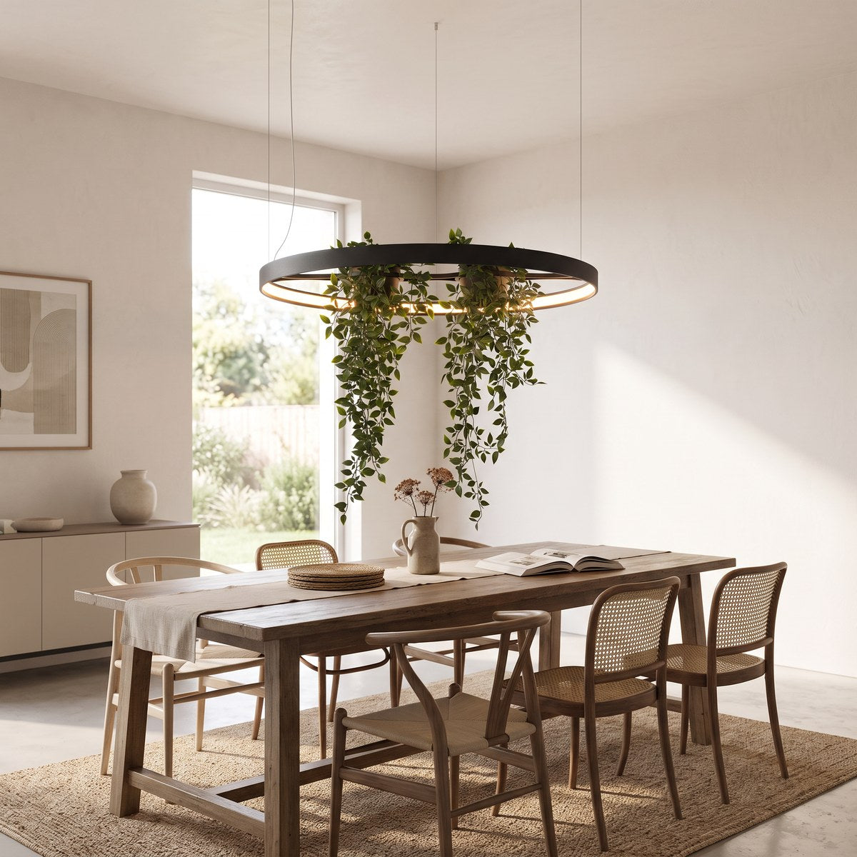Suspension anneau LED noire avec jardinière intégrée