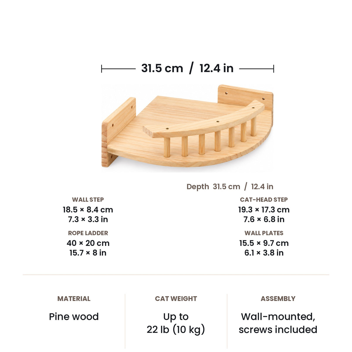 Wall cat shelves dimensions: corner bed 31.5 x 31.5 cm, steps, cat-head steps and rope-wrapped ladder