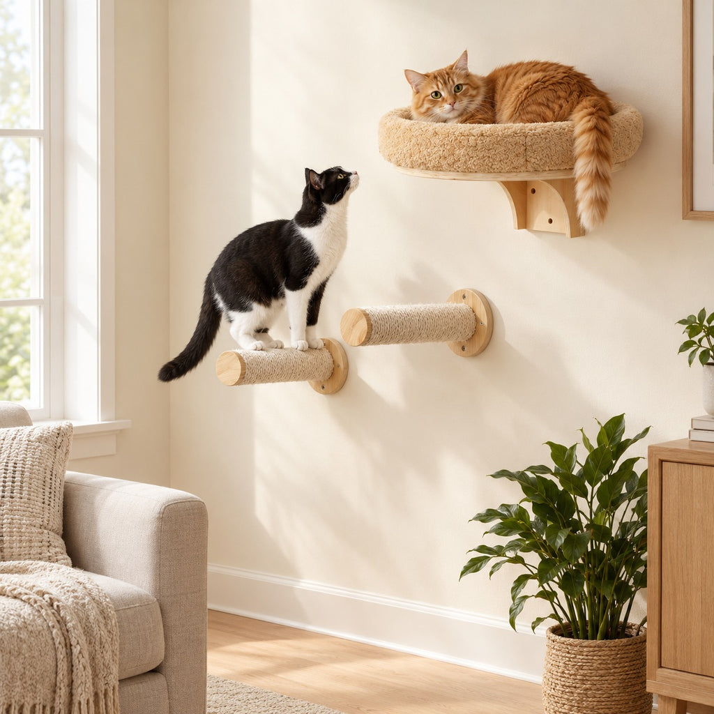 Cat curled up in a wall-mounted plush cat bed, a second cat on a rope post step below