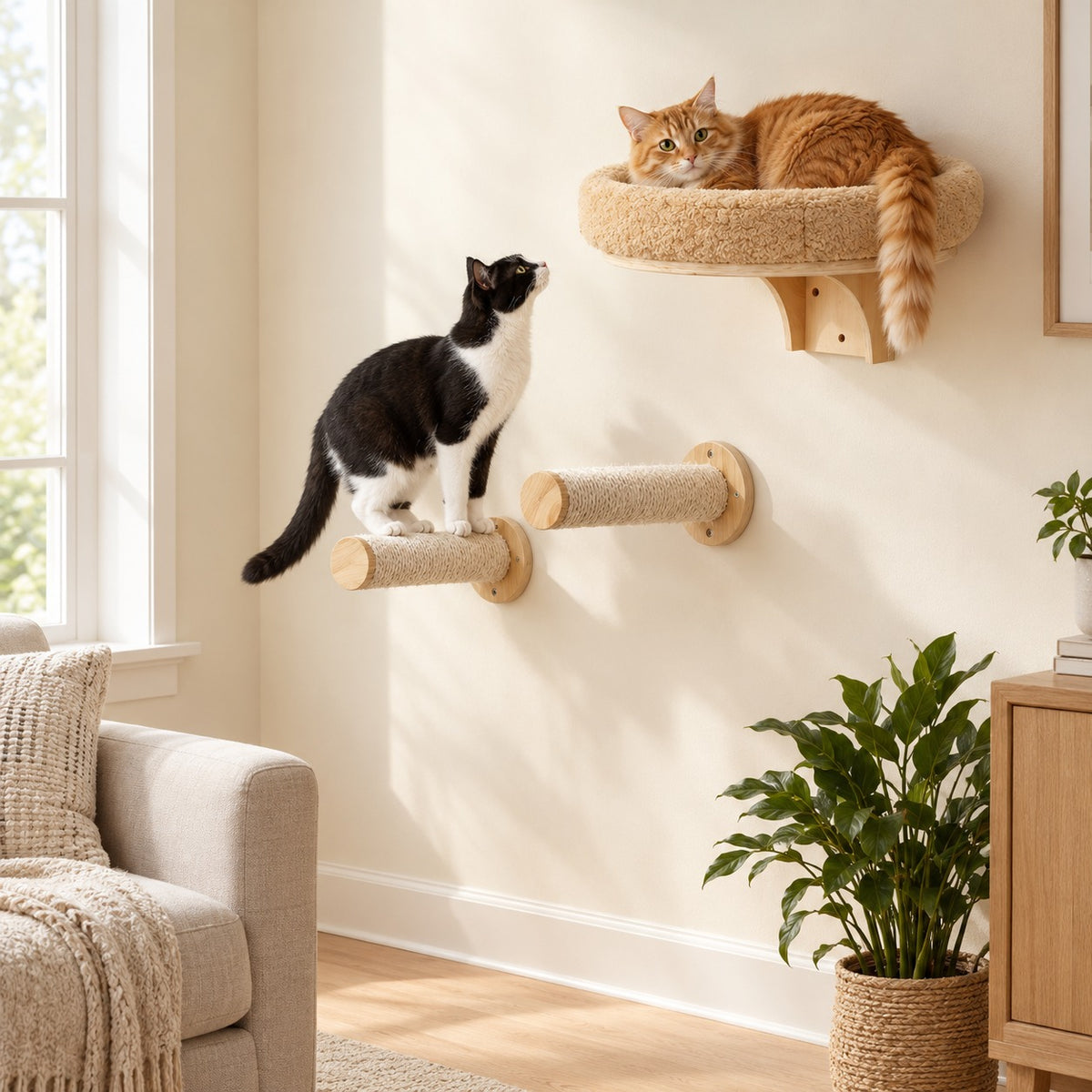 Cat curled up in a wall-mounted plush cat bed, a second cat on a rope post step below