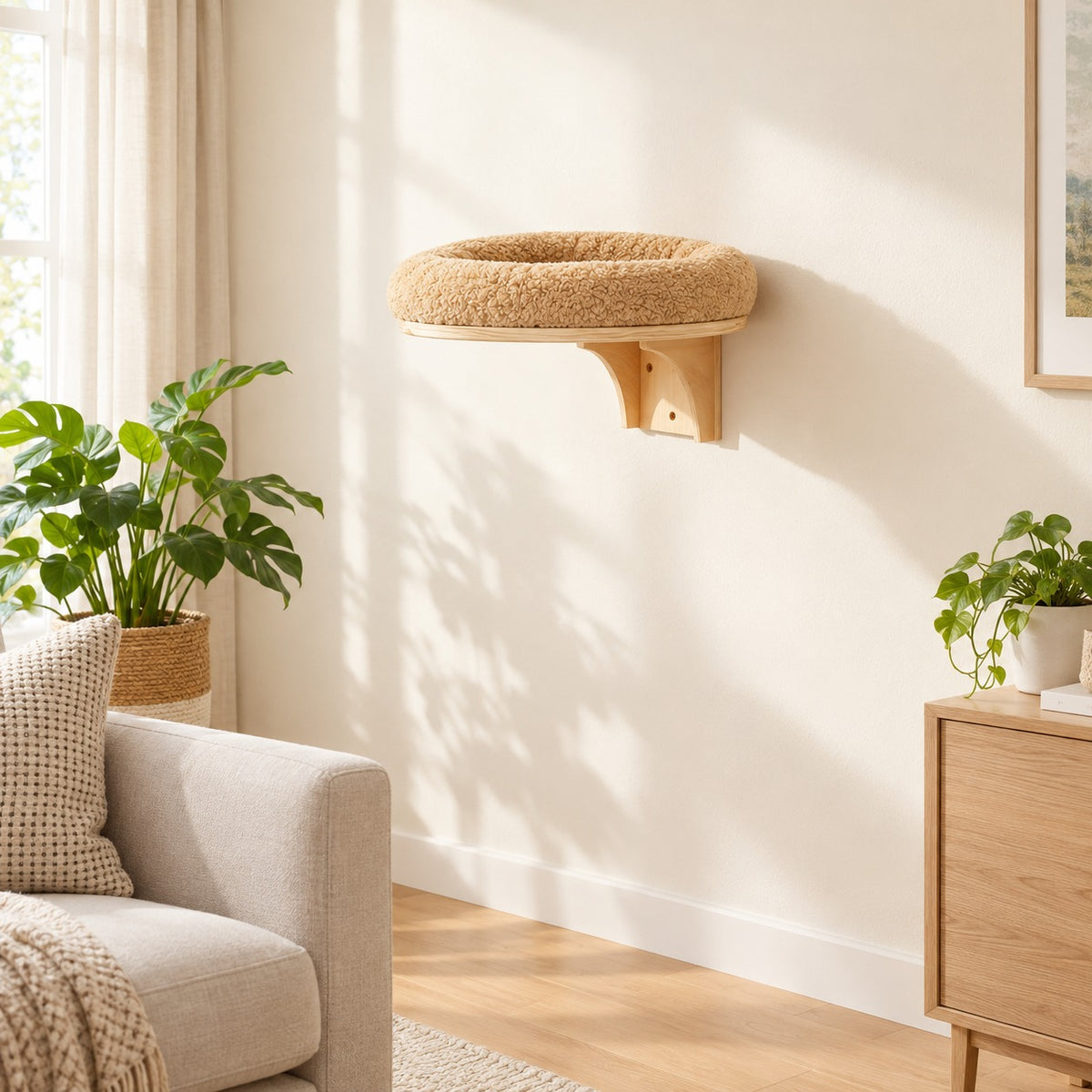 Hammock: round pine wall bed with beige plush cushion