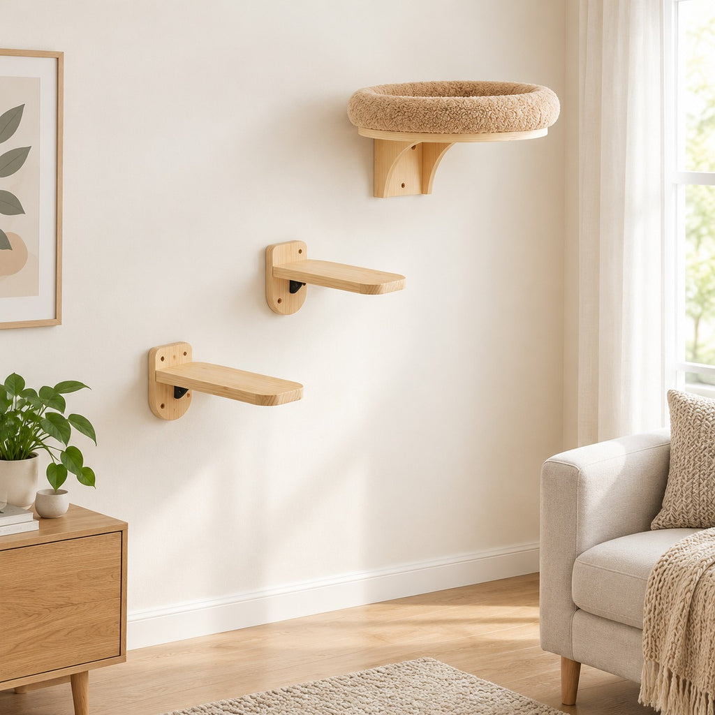 Set 4: wall bed with two pine step shelves