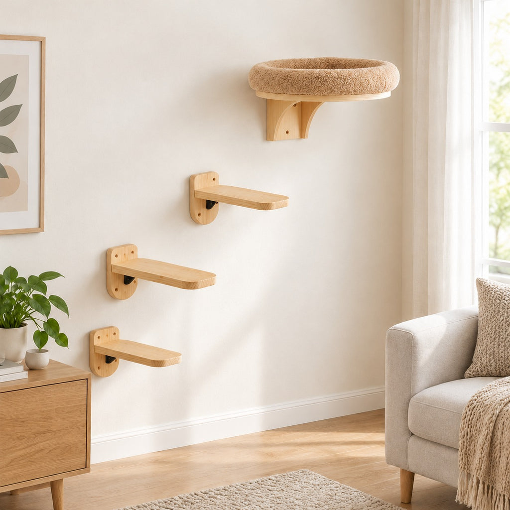 Set 5: wall bed with three pine step shelves
