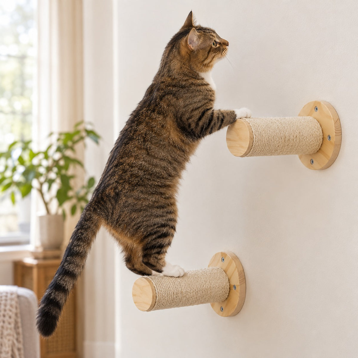 Cat stepping up the rope-wrapped wall post steps