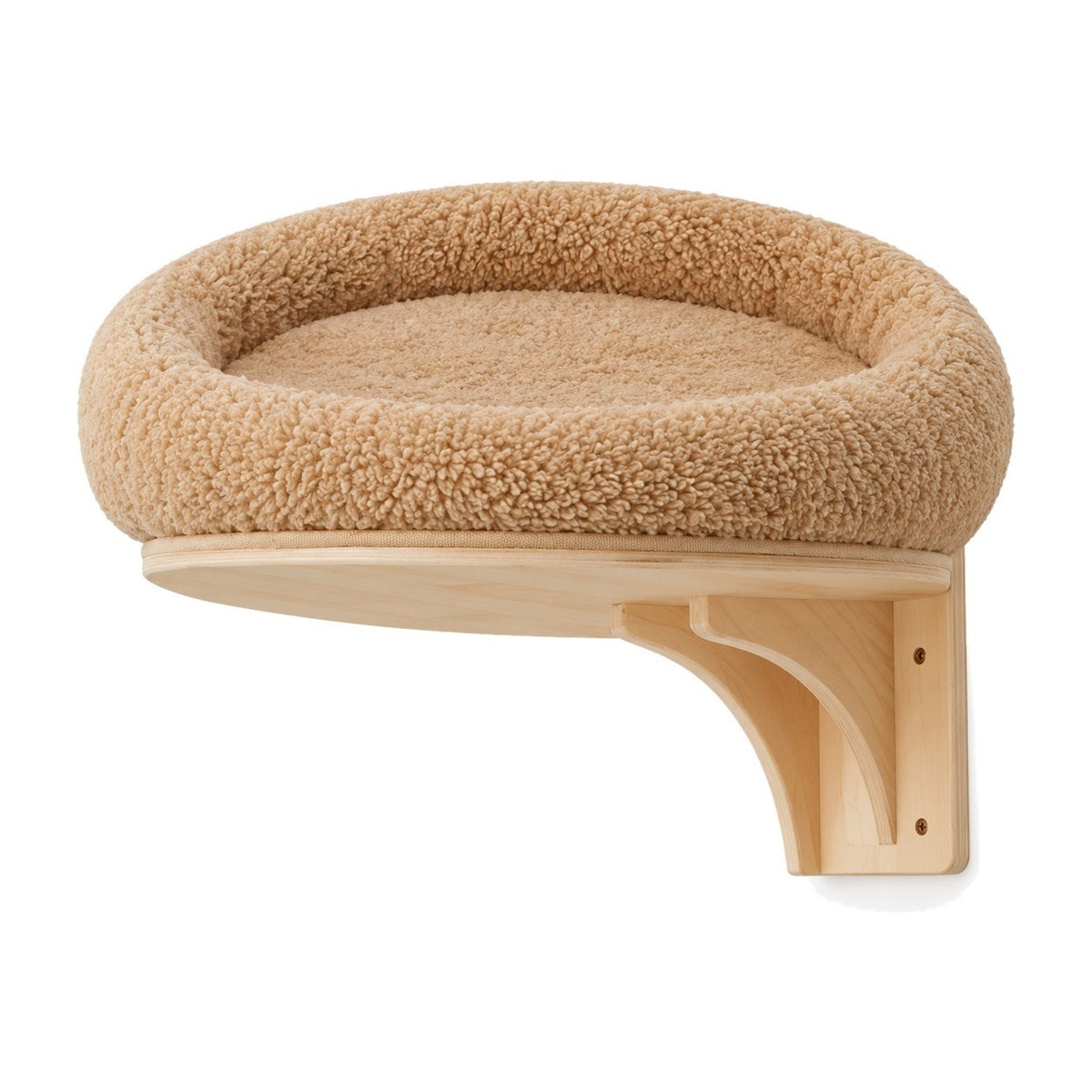 Round wall-mounted cat bed with plush cushion on a white background