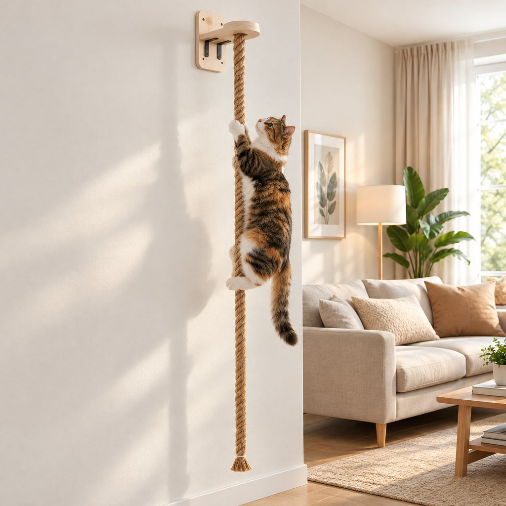 Cat climbing a wall-mounted sisal rope in a living room