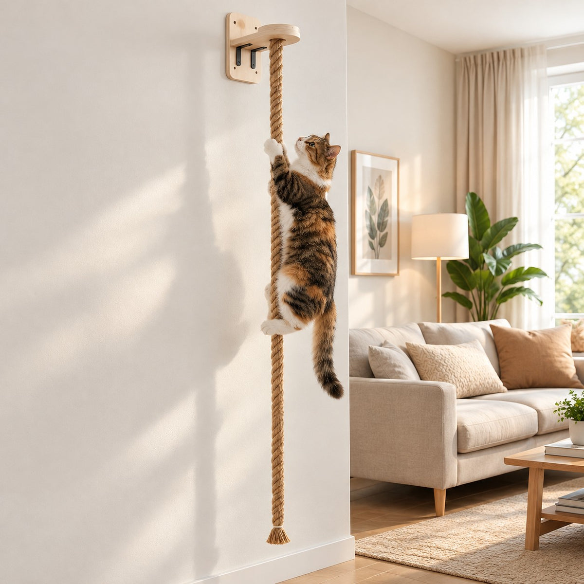 Cat climbing a wall-mounted sisal rope in a living room