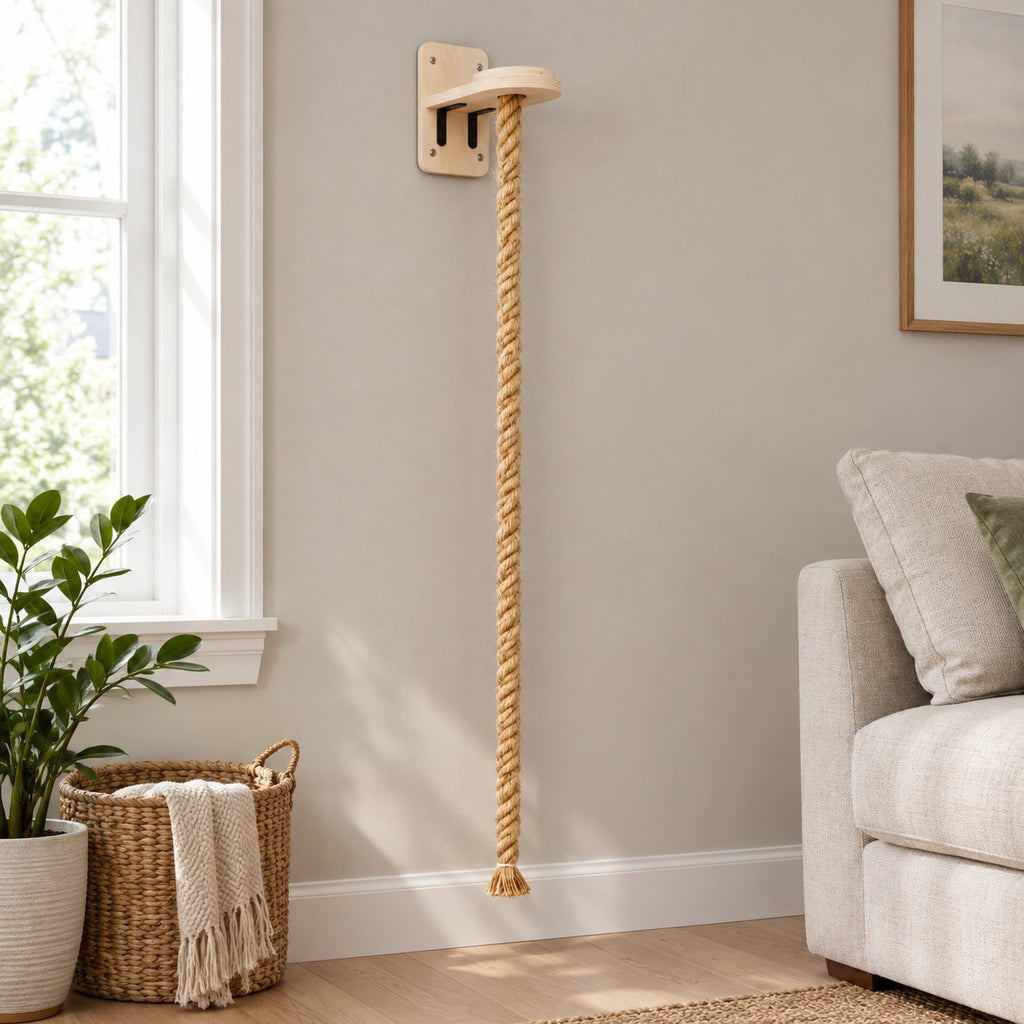 Wall-mounted cat climbing rope with wooden wall plate and perch