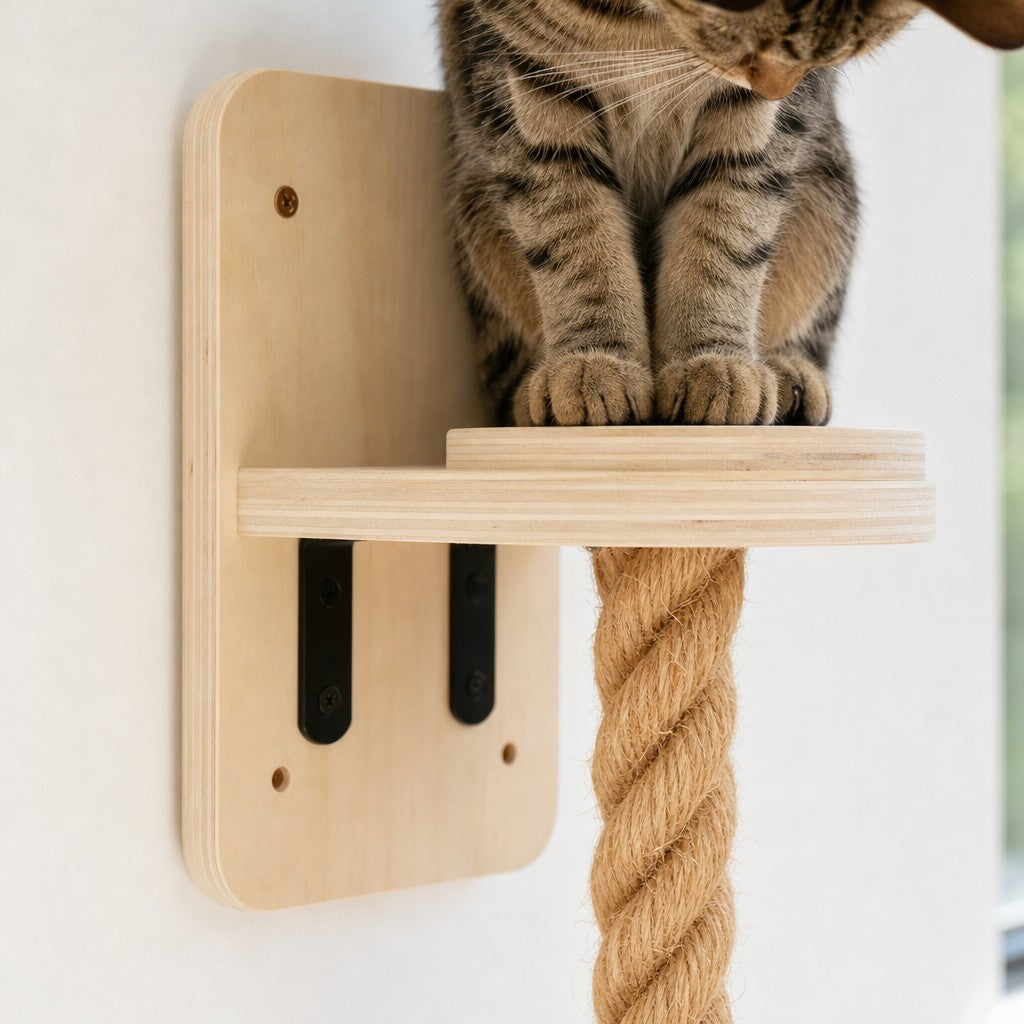 Cat sitting on the small wooden perch at the top of the climbing rope