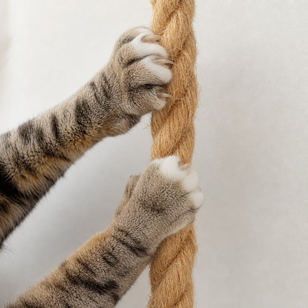 Cat paws gripping the thick sisal climbing rope