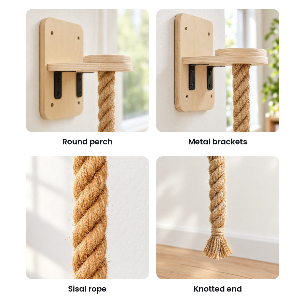 Climbing rope details: round perch, metal brackets, sisal rope, knotted end