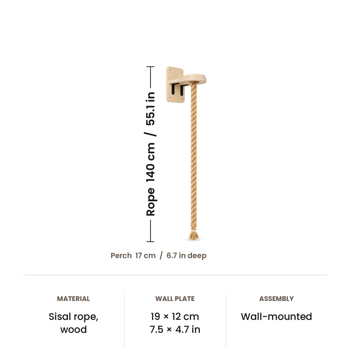 Wall-mounted cat climbing rope dimensions: rope 140 cm (55.1 in), wall plate 19 x 12 cm