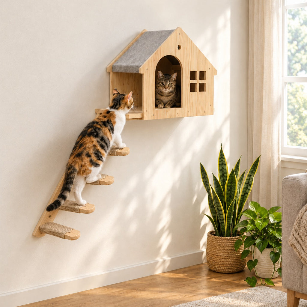 Cat looking out of a wall-mounted pine cat house, a second cat climbing the ladder to it