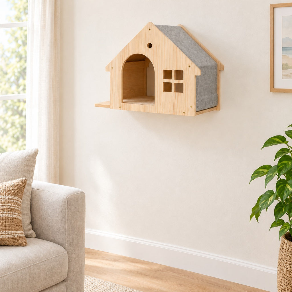 Cat House: pine wall-mounted cat house with grey fabric roof