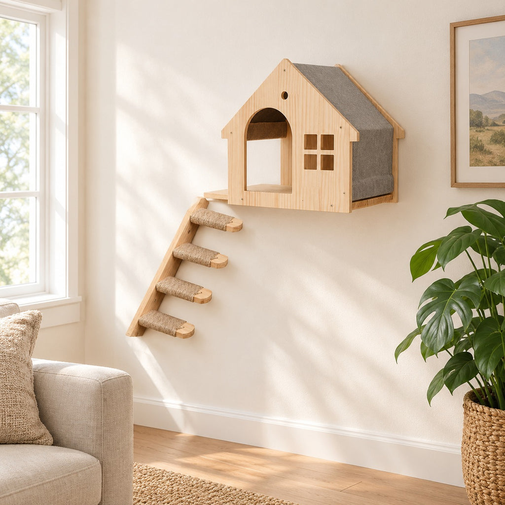 Set 1: wall cat house with a rope-wrapped climbing ladder