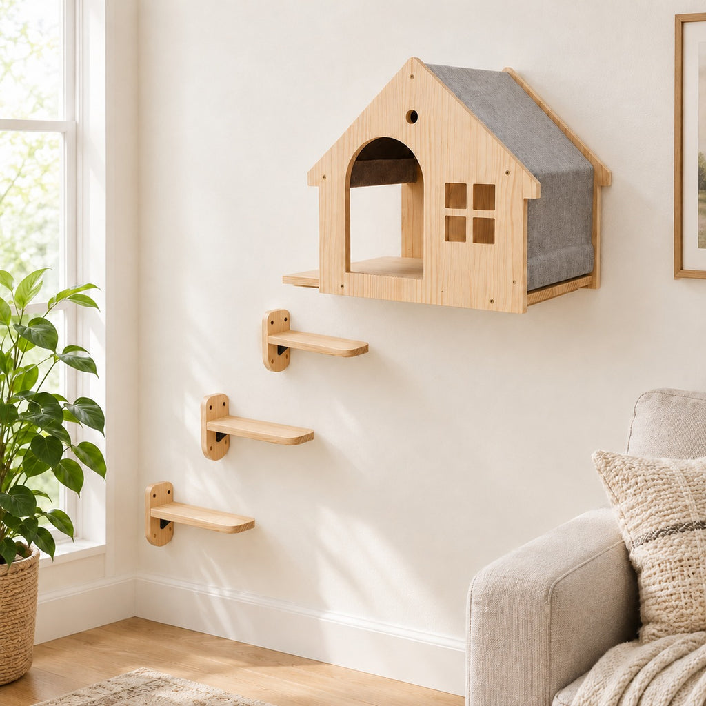Set 2: wall cat house with three bare pine step shelves on metal brackets