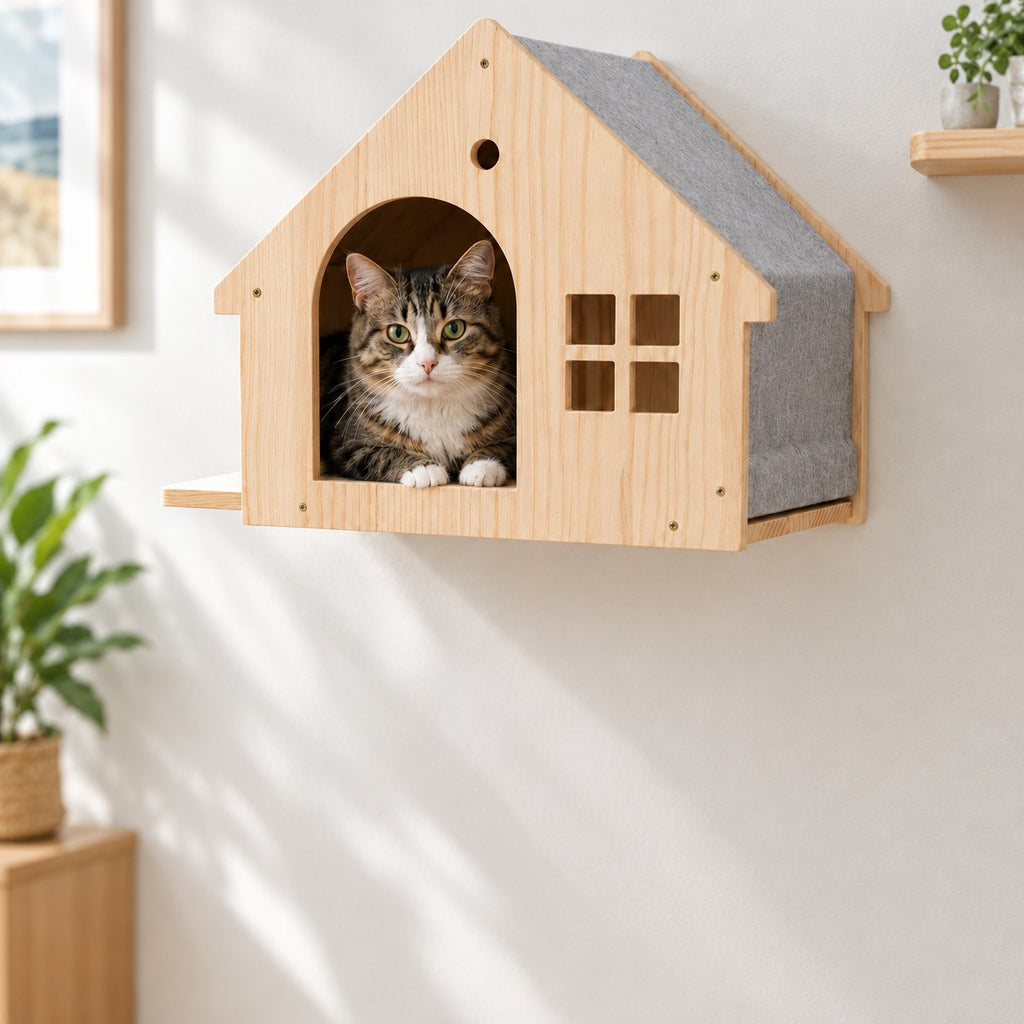 Cat looking out of the arched doorway of the pine cat house