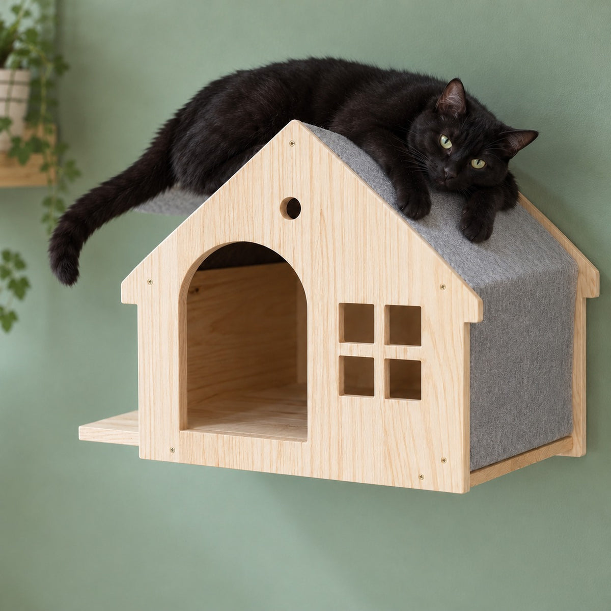 Cat lying on the grey fabric roof of the wall cat house